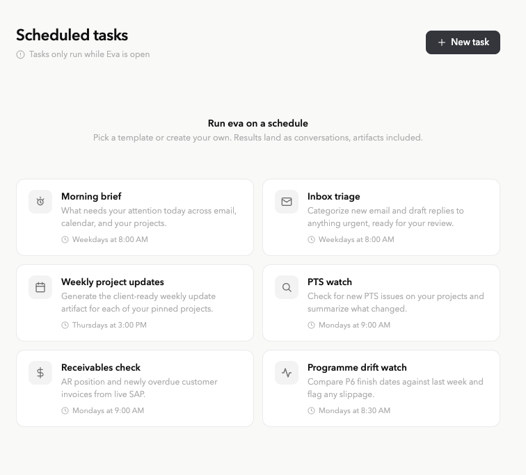 The eva scheduled tasks template gallery with six templates